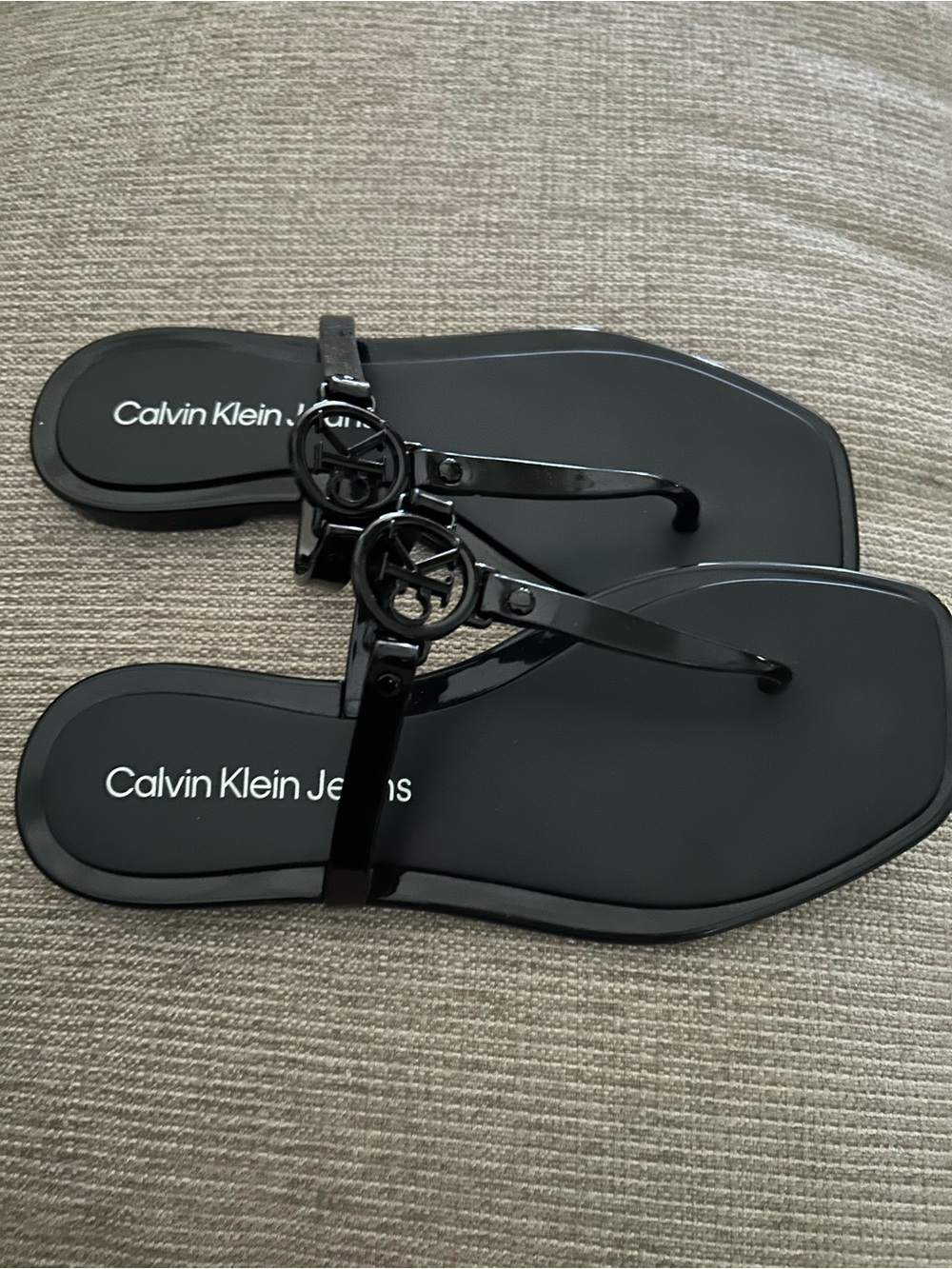 Calvin Klein Black Glossy Jelly Sandals with Logo Accent